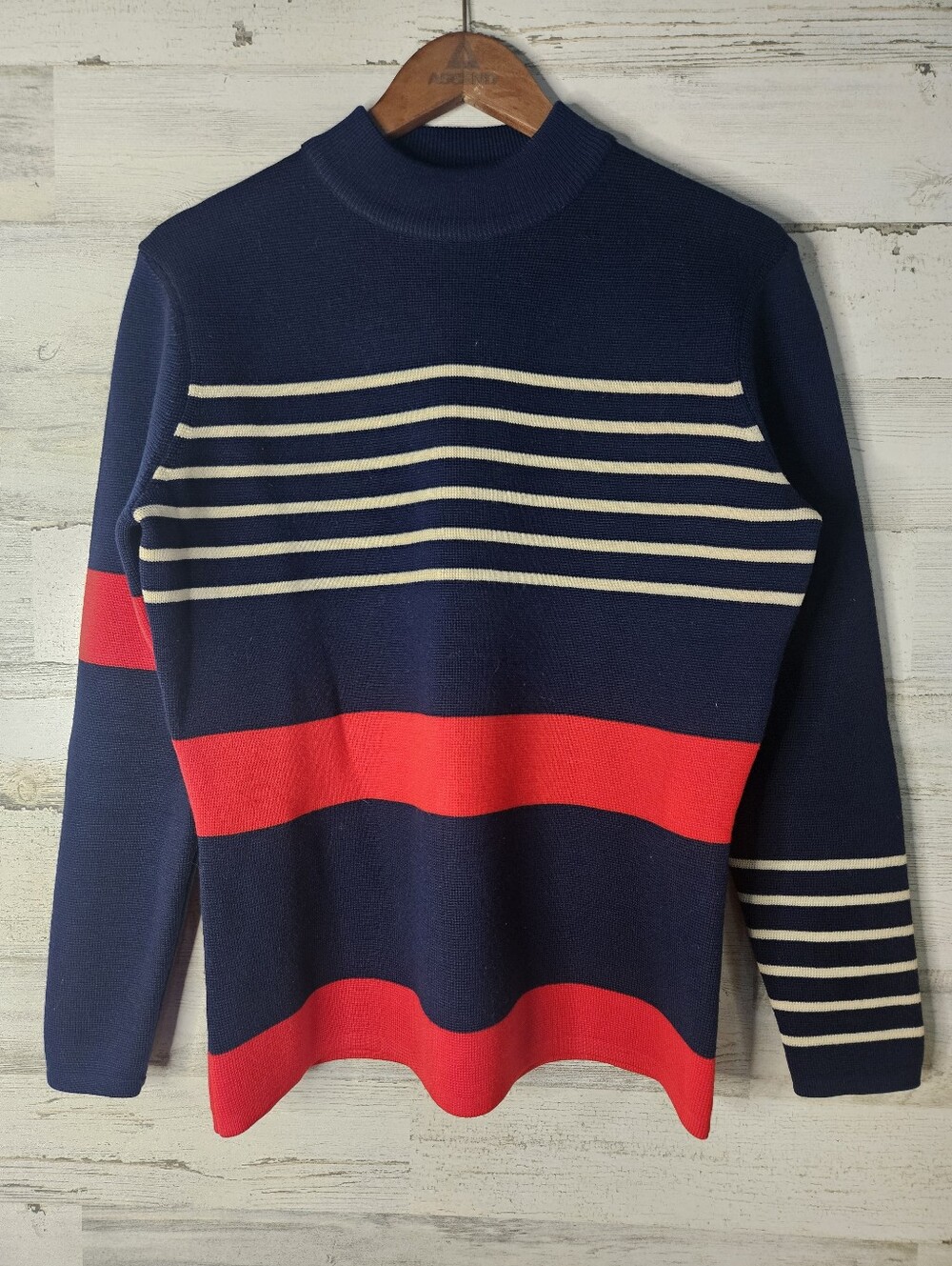 Vintage 100% Wool Nautical Coastal Grandma Sweater Navy Stripe 38 Medium Womens